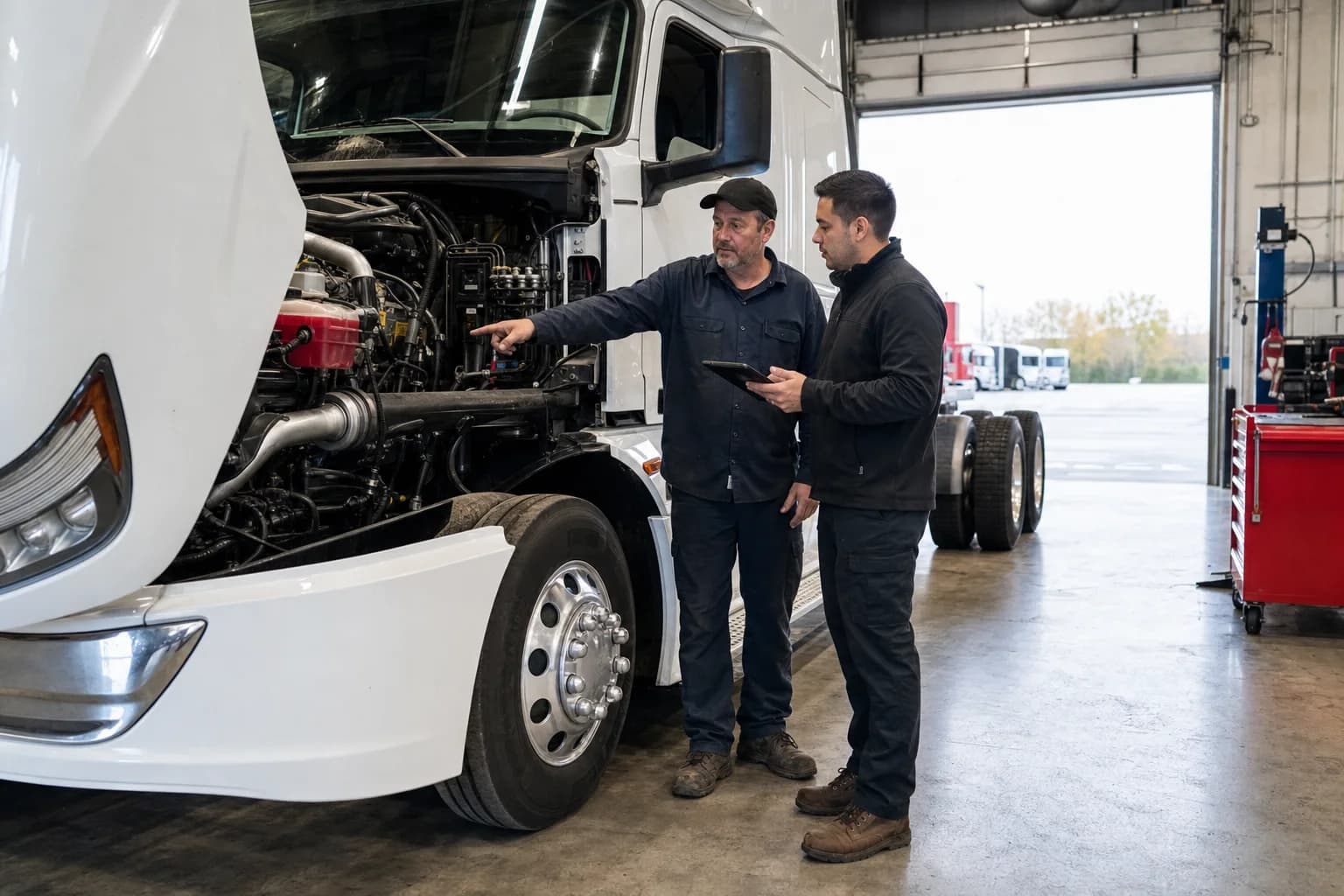 Jurgens Trucking Taylor technician and buyer inspecting a truck engine
